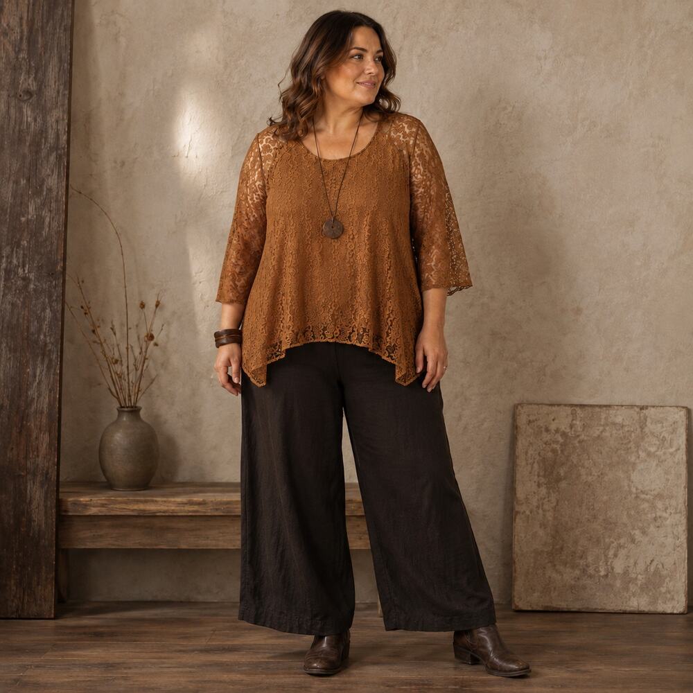 Indigo Soul Lace Tunic Top XL Caramel Lagenlook Whimsigoth Boho Asymmetric Hem